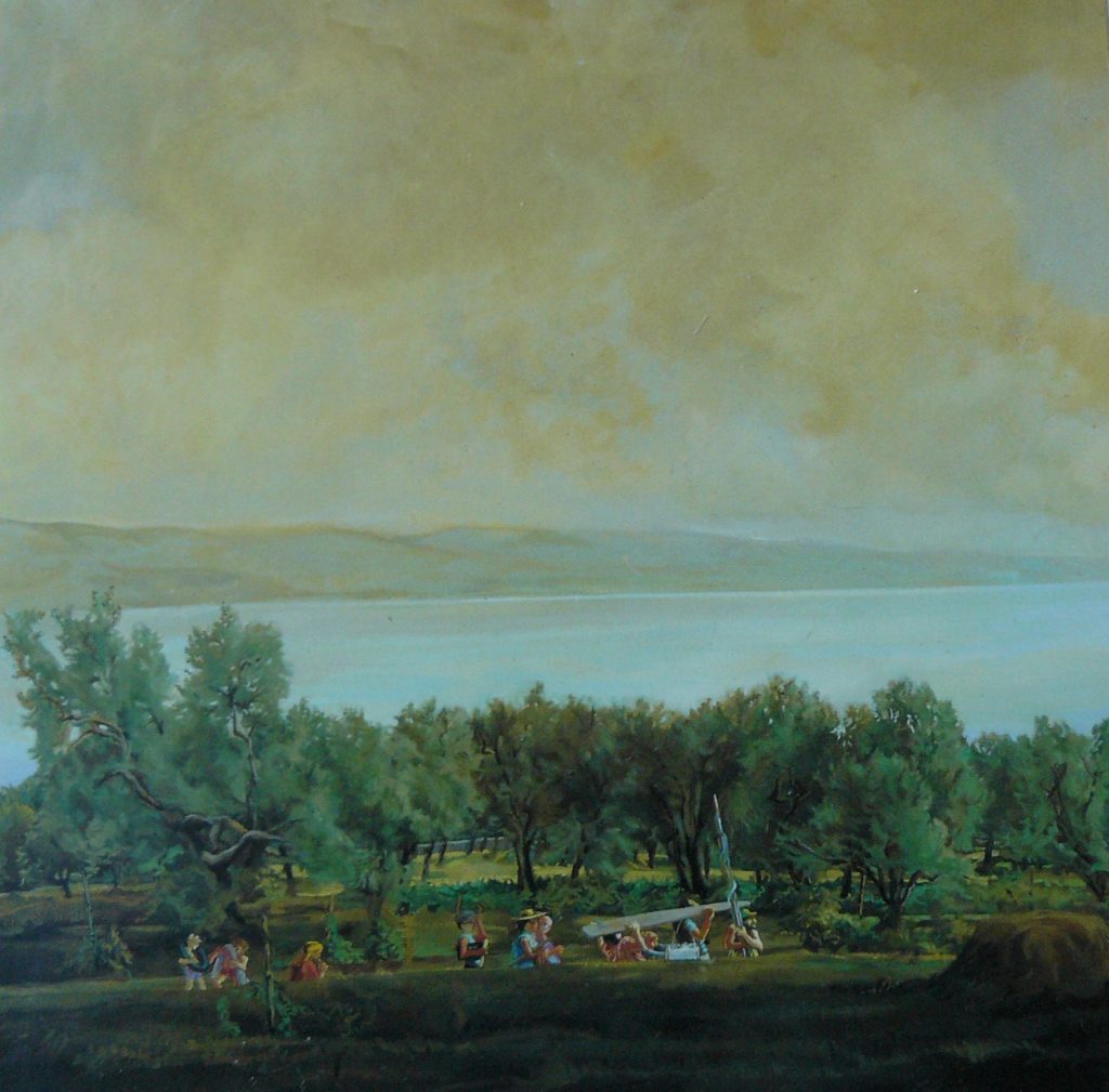 Olivenpflücker am See