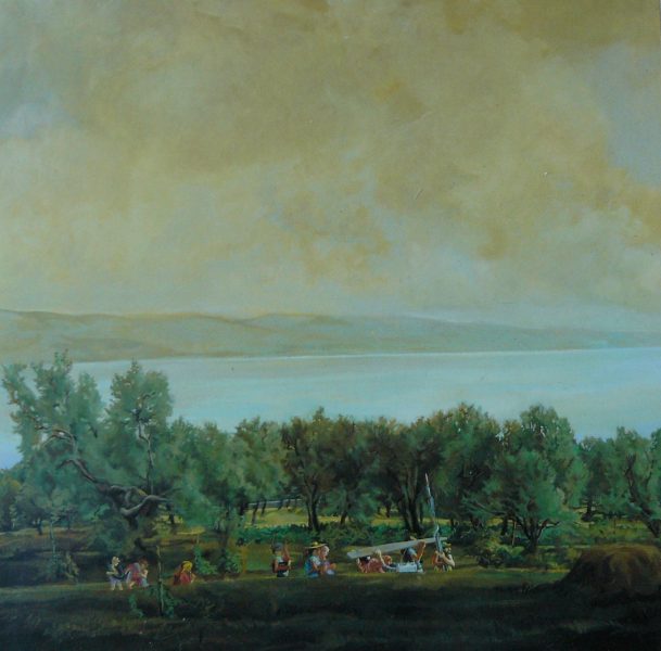 Olivenpflücker am See