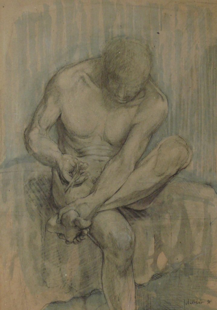 Sitzender Akt mit Schere