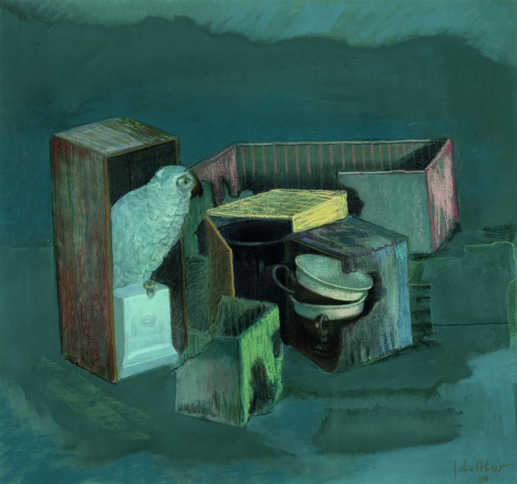 Bild Volker Schultheis | Abgebrannte Schachteln mit Vogel und Tassen